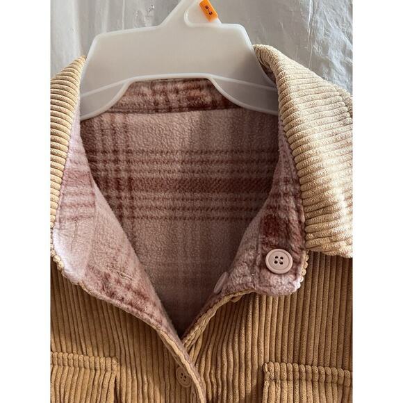 Love Tree Womens Jacket Size M Medium Tan Corduroy Reversible Shacket Pink Plaid - Picture 2 of 7
